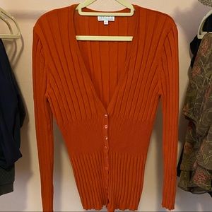 Orange Ribbed V-Neck Cardigan Sweater